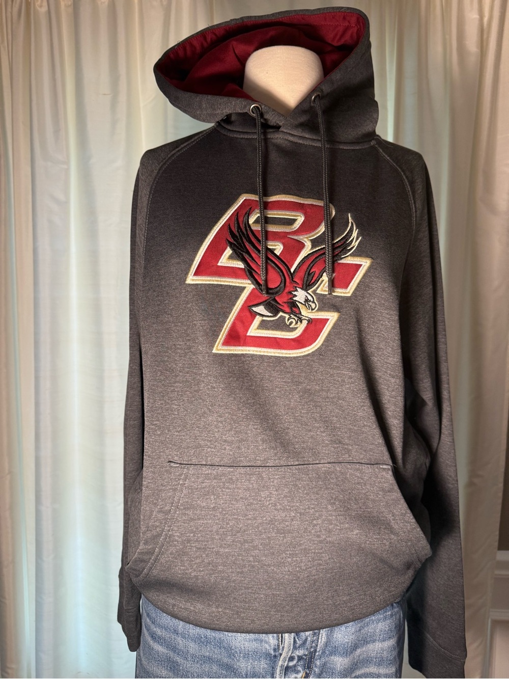Men's Charcoal Hoodie with Maroon Boston College Embroidered Logo